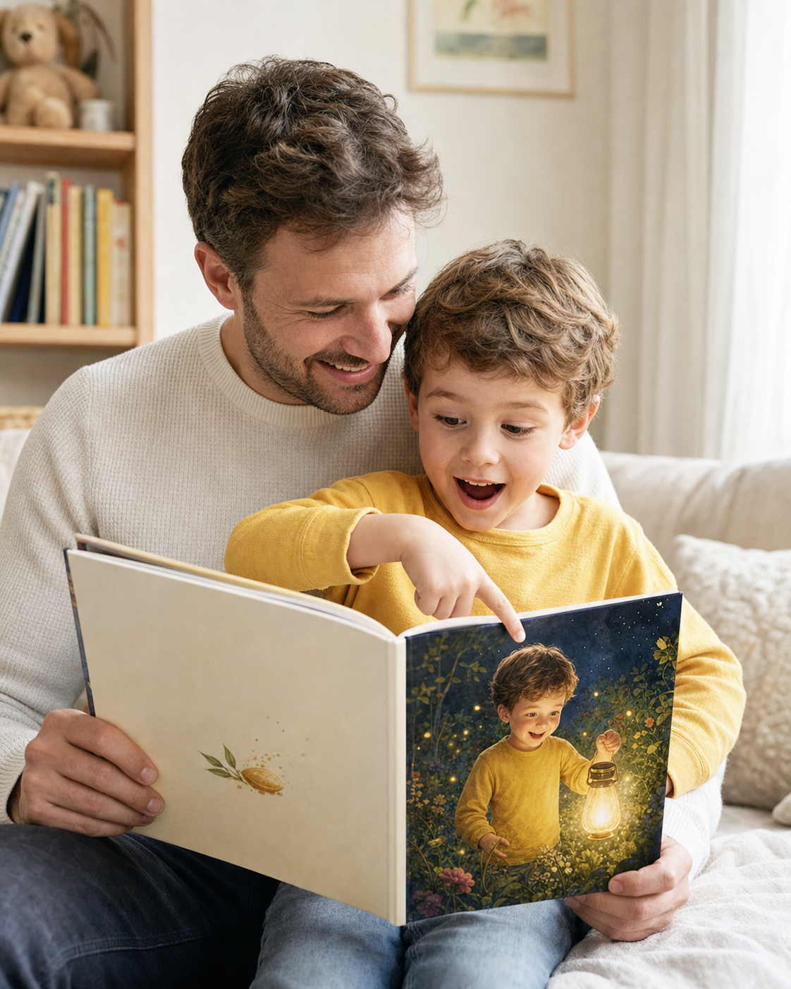 Ein Kind zeigt beim Vorlesen begeistert auf seine eigene Figur im Buch