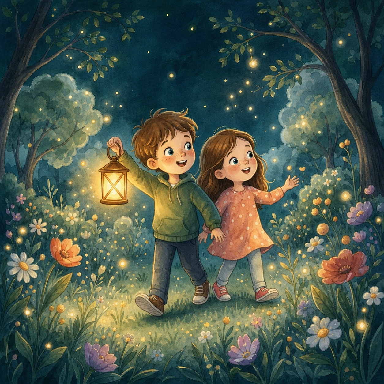 Illustration von zwei Kindern im Garten
