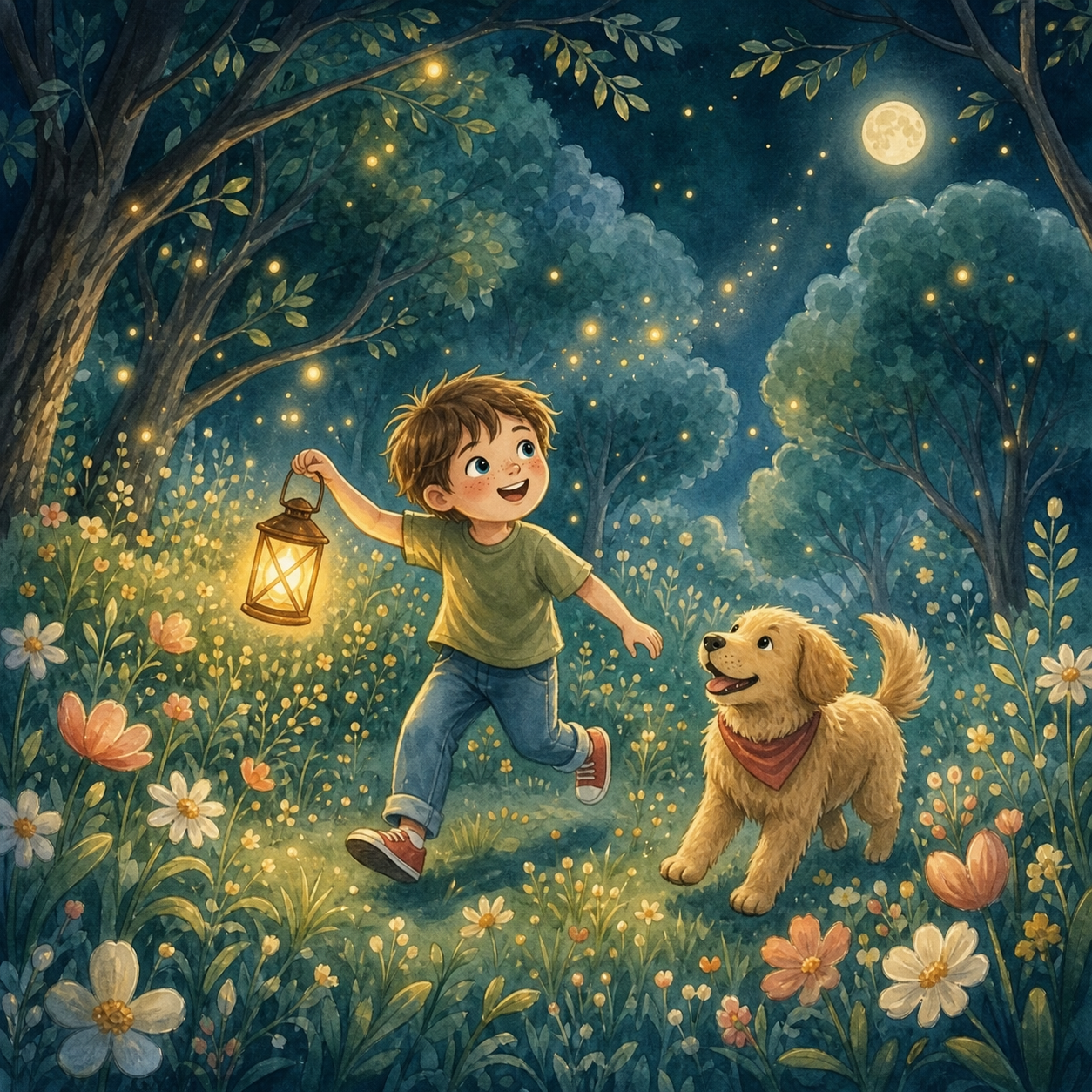 Illustration eines Kindes mit einem Hund