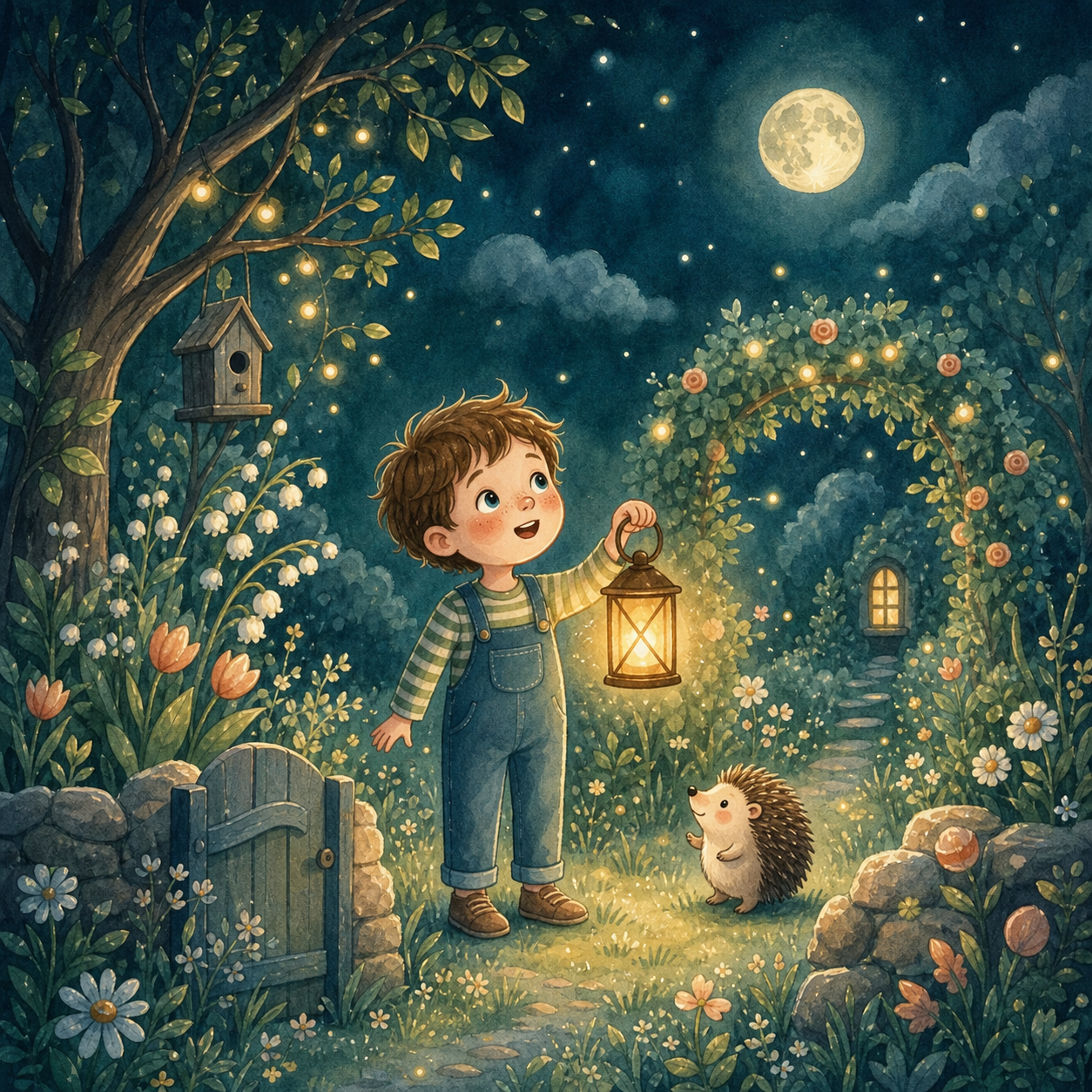 Illustration eines Kindes im nächtlichen Garten